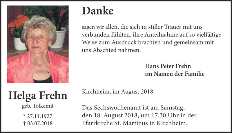  Traueranzeige für Helga Frehn vom 11.08.2018 aus  Blickpunkt Euskirchen 