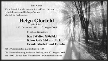 Anzeige von Helga Glörfeld von  Anzeigen Echo 