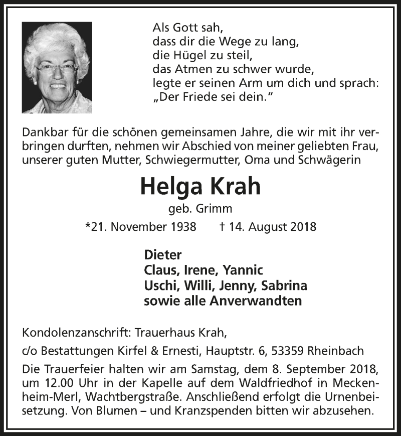  Traueranzeige für Helga Krah vom 29.08.2018 aus  Schaufenster/Blickpunkt 