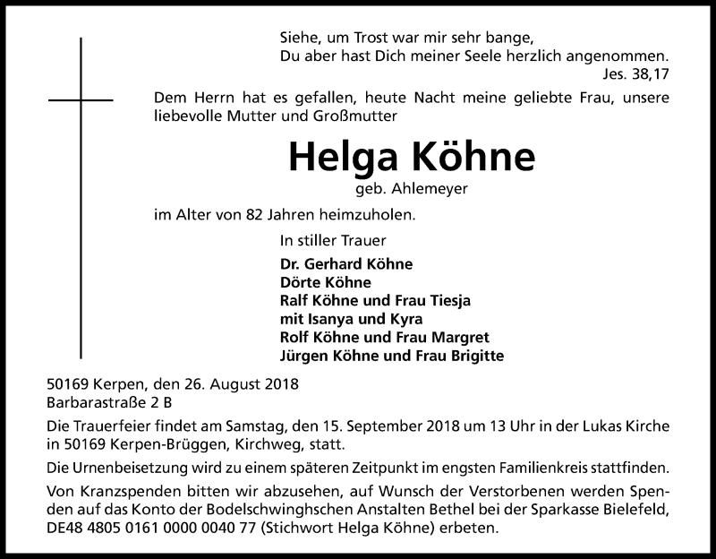  Traueranzeige für Helga Köhne vom 01.09.2018 aus Kölner Stadt-Anzeiger / Kölnische Rundschau / Express