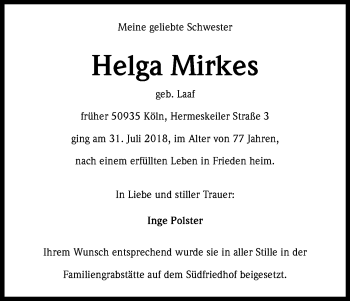 Anzeige von Helga Mirkes von Kölner Stadt-Anzeiger / Kölnische Rundschau / Express