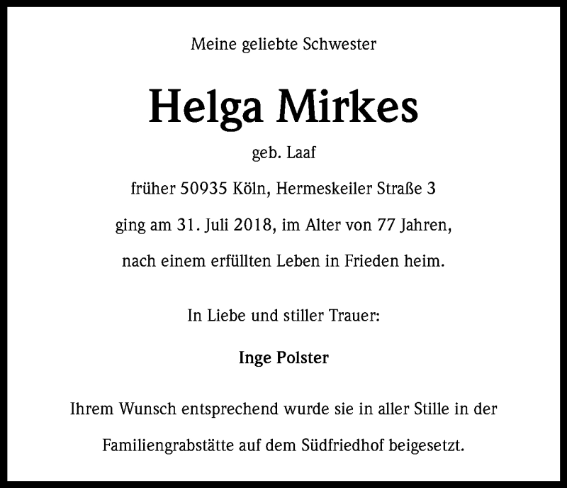  Traueranzeige für Helga Mirkes vom 11.08.2018 aus Kölner Stadt-Anzeiger / Kölnische Rundschau / Express