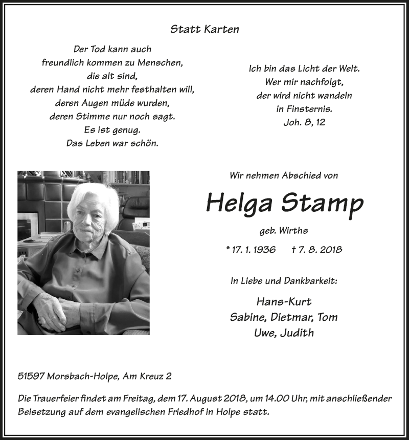  Traueranzeige für Helga Stamp vom 15.08.2018 aus  Lokalanzeiger 