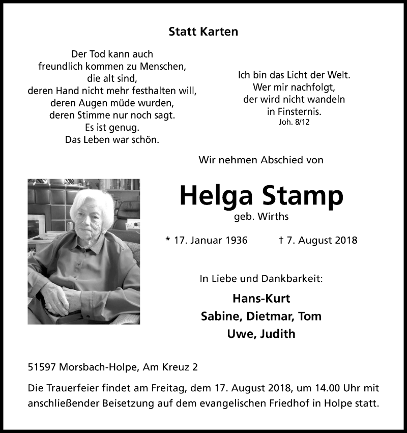  Traueranzeige für Helga Stamp vom 14.08.2018 aus Kölner Stadt-Anzeiger / Kölnische Rundschau / Express