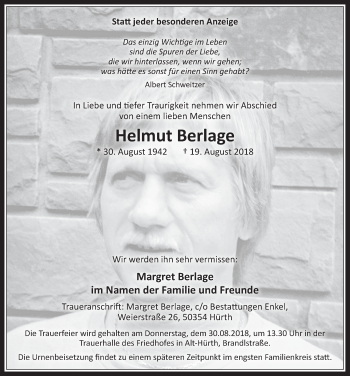 Anzeige von Helmut Berlage von  Sonntags-Post 