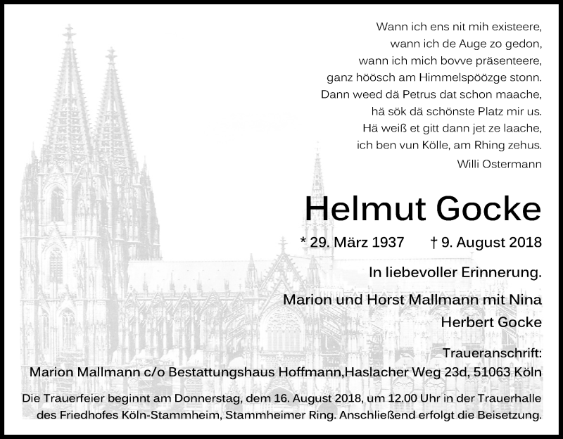  Traueranzeige für Helmut Gocke vom 14.08.2018 aus Kölner Stadt-Anzeiger / Kölnische Rundschau / Express