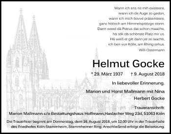 Anzeige von Helmut Gocke von Kölner Stadt-Anzeiger / Kölnische Rundschau / Express