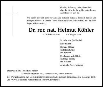 Anzeige von Helmut Köhler von Kölner Stadt-Anzeiger / Kölnische Rundschau / Express
