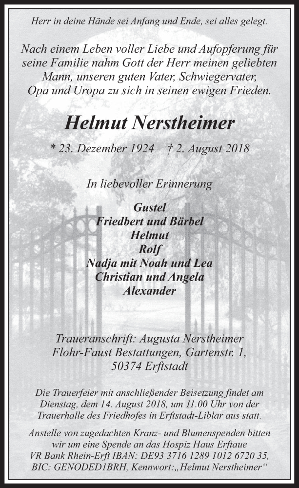  Traueranzeige für Helmut Nerstheimer vom 08.08.2018 aus  Werbepost 