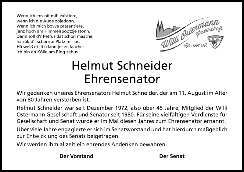  Traueranzeige für Helmut Schneider vom 16.08.2018 aus Kölner Stadt-Anzeiger / Kölnische Rundschau / Express