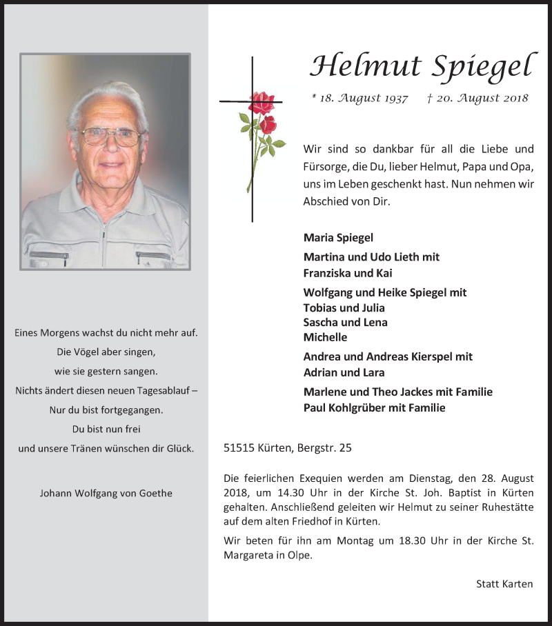  Traueranzeige für Helmut Spiegel vom 24.08.2018 aus Kölner Stadt-Anzeiger / Kölnische Rundschau / Express