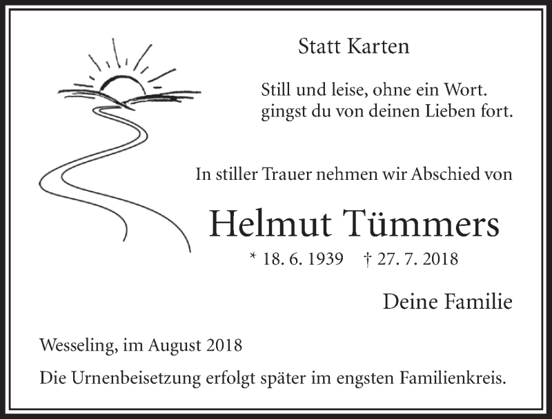  Traueranzeige für Helmut Tümmers vom 08.08.2018 aus  Schlossbote/Werbekurier 