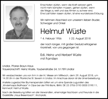 Anzeige von Helmut Wüste von Kölner Stadt-Anzeiger / Kölnische Rundschau / Express