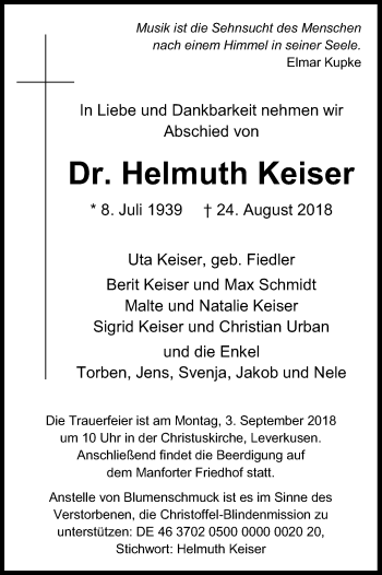 Anzeige von Helmuth Keiser von Kölner Stadt-Anzeiger / Kölnische Rundschau / Express