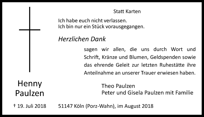  Traueranzeige für Henny Paulzen vom 15.08.2018 aus  Kölner Wochenspiegel 