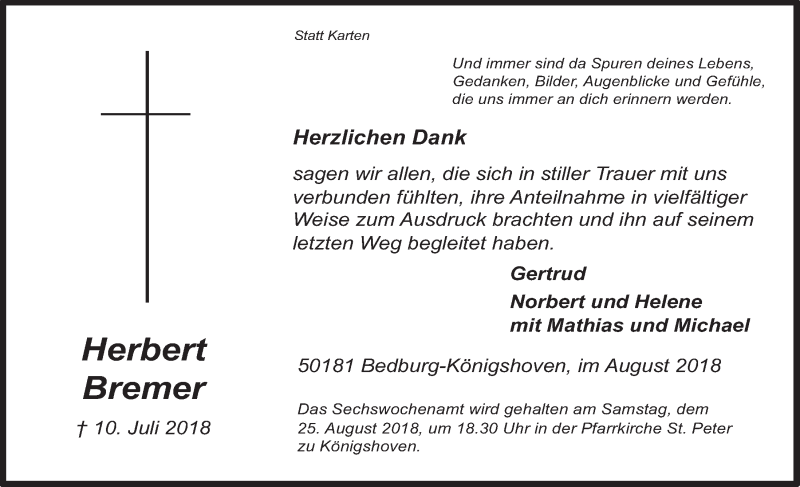 Traueranzeige für Herbert Bremer vom 15.08.2018 aus  Werbepost 