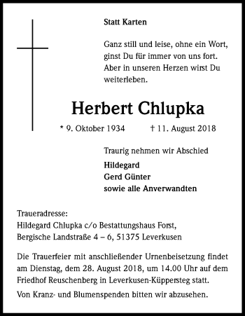 Anzeige von Herbert Chlupka von Kölner Stadt-Anzeiger / Kölnische Rundschau / Express