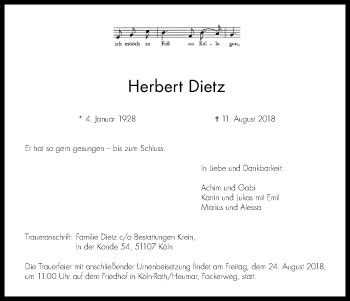Anzeige von Herbert Dietz von Kölner Stadt-Anzeiger / Kölnische Rundschau / Express