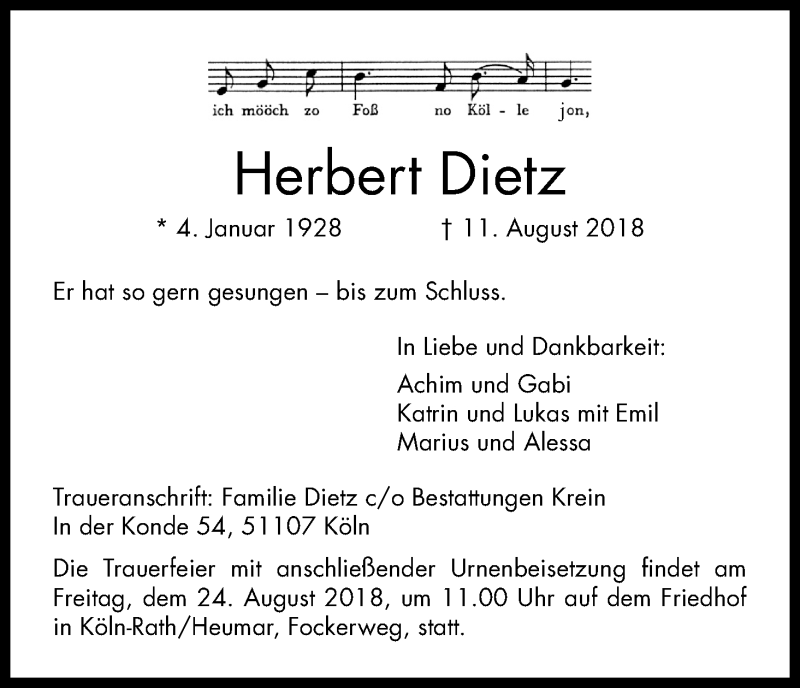  Traueranzeige für Herbert Dietz vom 21.08.2018 aus Kölner Stadt-Anzeiger / Kölnische Rundschau / Express