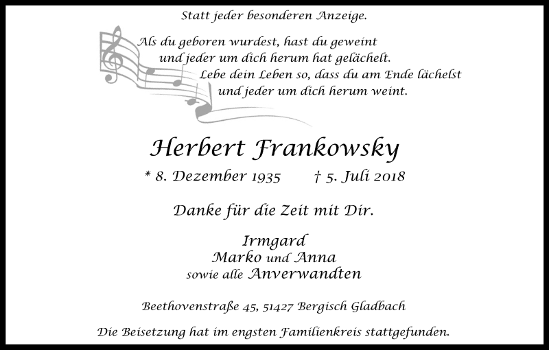  Traueranzeige für Herbert Frankowsky vom 03.08.2018 aus Kölner Stadt-Anzeiger / Kölnische Rundschau / Express