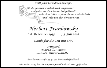 Anzeige von Herbert Frankowsky von Kölner Stadt-Anzeiger / Kölnische Rundschau / Express