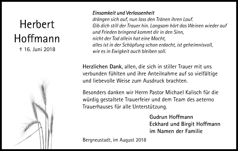  Traueranzeige für Herbert Hoffmann vom 11.08.2018 aus Kölner Stadt-Anzeiger / Kölnische Rundschau / Express