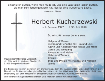 Anzeige von Herbert Kucharzewski von Kölner Stadt-Anzeiger / Kölnische Rundschau / Express
