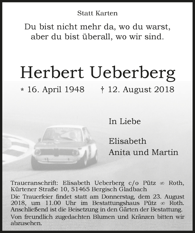  Traueranzeige für Herbert Ueberberg vom 18.08.2018 aus  Bergisches Sonntagsblatt 