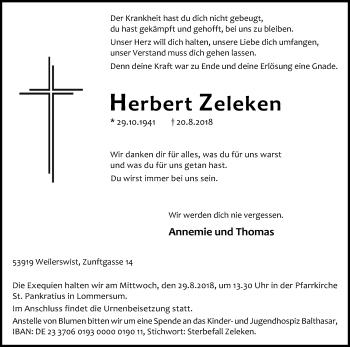 Anzeige von Herbert Zeleken von Kölner Stadt-Anzeiger / Kölnische Rundschau / Express