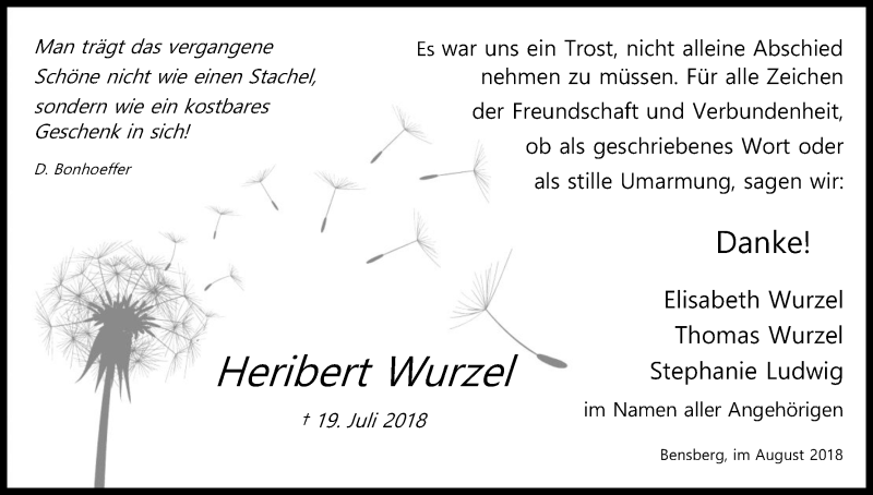  Traueranzeige für Heribert Wurzel vom 04.08.2018 aus Kölner Stadt-Anzeiger / Kölnische Rundschau / Express
