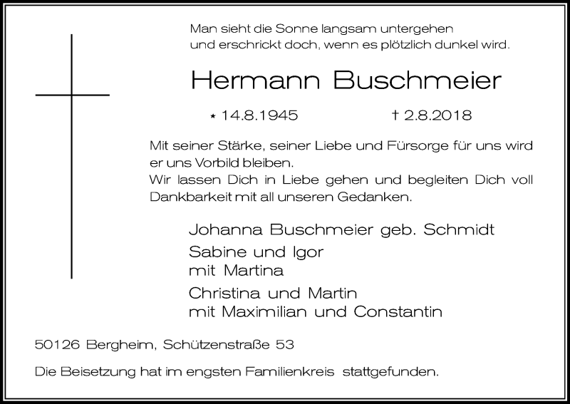  Traueranzeige für Hermann Buschmeier vom 11.08.2018 aus Kölner Stadt-Anzeiger / Kölnische Rundschau / Express