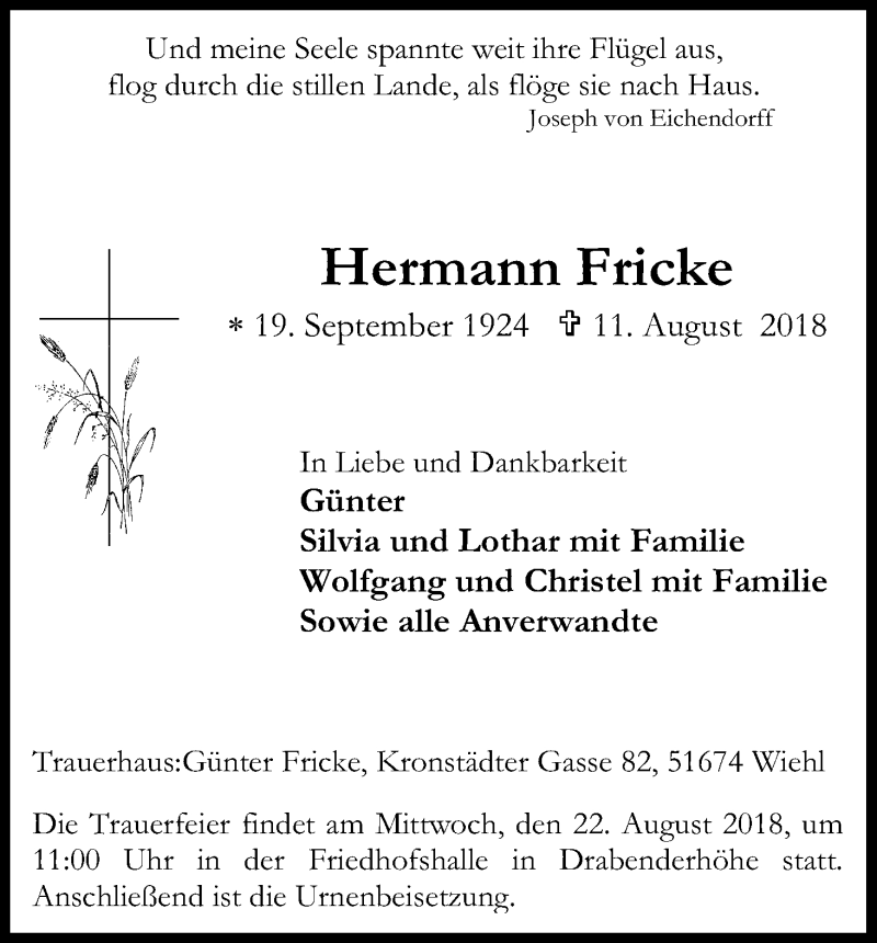  Traueranzeige für Hermann Fricke vom 21.08.2018 aus Kölner Stadt-Anzeiger / Kölnische Rundschau / Express