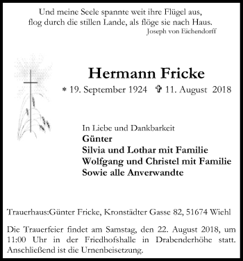 Anzeige von Hermann Fricke von Kölner Stadt-Anzeiger / Kölnische Rundschau / Express