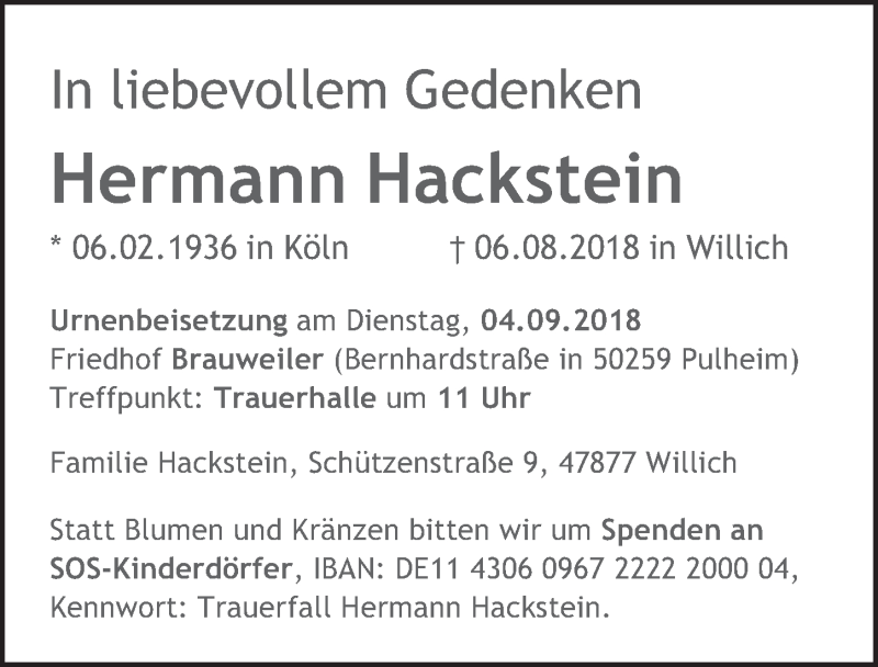  Traueranzeige für Hermann Hackstein vom 29.08.2018 aus  Wochenende 