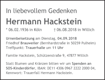 Anzeige von Hermann Hackstein von  Wochenende 