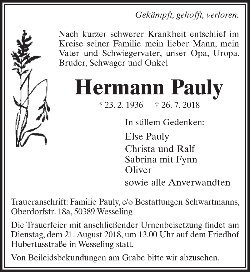  Traueranzeige für Hermann Pauly vom 15.08.2018 aus  Schlossbote/Werbekurier 
