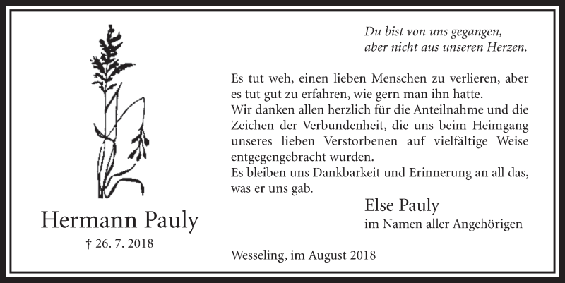  Traueranzeige für Hermann Pauly vom 29.08.2018 aus  Schlossbote/Werbekurier 