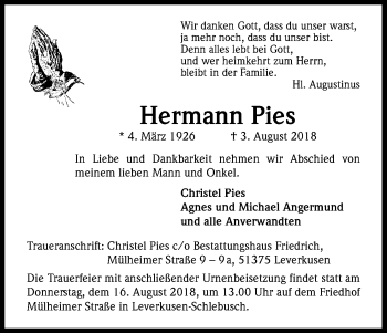 Anzeige von Hermann Pies von Kölner Stadt-Anzeiger / Kölnische Rundschau / Express