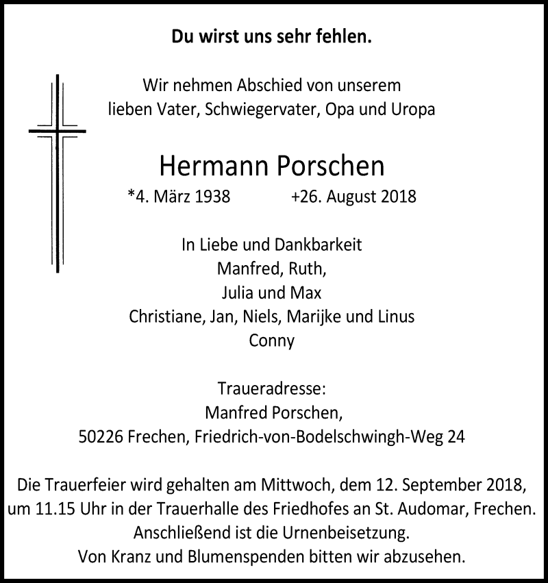  Traueranzeige für Hermann Porschen vom 01.09.2018 aus Kölner Stadt-Anzeiger / Kölnische Rundschau / Express