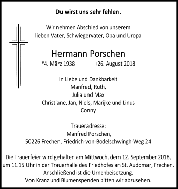 Anzeige von Hermann Porschen von Kölner Stadt-Anzeiger / Kölnische Rundschau / Express