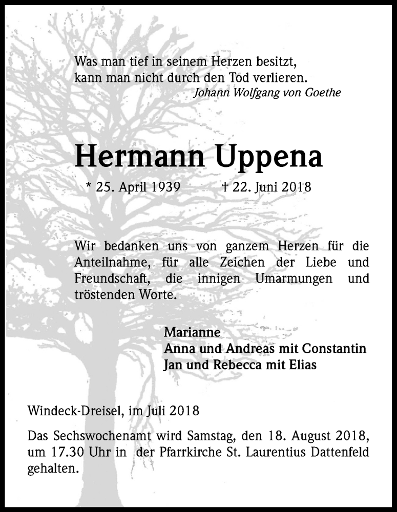  Traueranzeige für Hermann Uppena vom 11.08.2018 aus Kölner Stadt-Anzeiger / Kölnische Rundschau / Express
