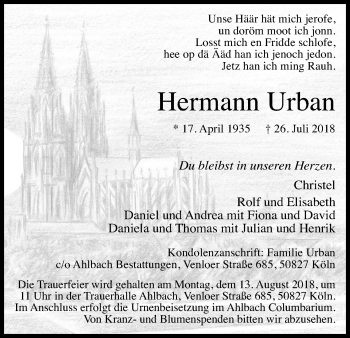 Anzeige von Hermann Urban von Kölner Stadt-Anzeiger / Kölnische Rundschau / Express