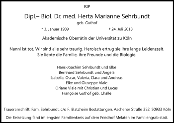 Anzeige von Herta Marianne Sehrbundt von Kölner Stadt-Anzeiger / Kölnische Rundschau / Express