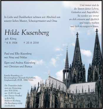 Anzeige von Hilde Kusenberg von Kölner Stadt-Anzeiger / Kölnische Rundschau / Express