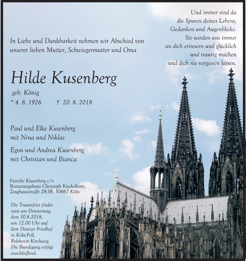  Traueranzeige für Hilde Kusenberg vom 25.08.2018 aus Kölner Stadt-Anzeiger / Kölnische Rundschau / Express