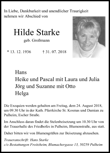 Anzeige von Hilde Starke von Kölner Stadt-Anzeiger / Kölnische Rundschau / Express