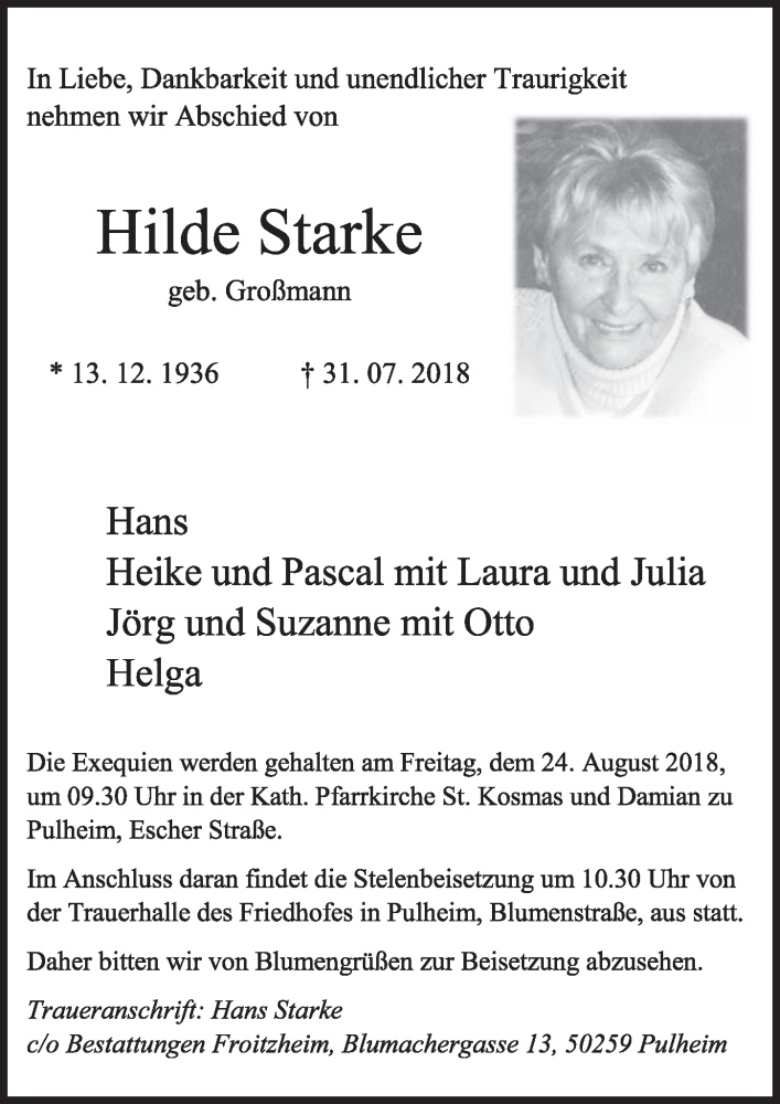  Traueranzeige für Hilde Starke vom 11.08.2018 aus  Sonntags-Post 