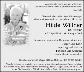 Anzeige von Hilde Willner von  Blickpunkt Euskirchen 