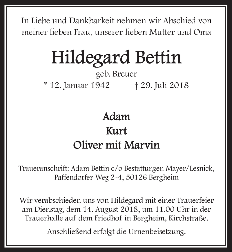  Traueranzeige für Hildegard Bettin vom 08.08.2018 aus  Werbepost 