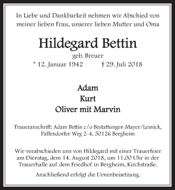 Anzeige von Hildegard Bettin von  Werbepost 